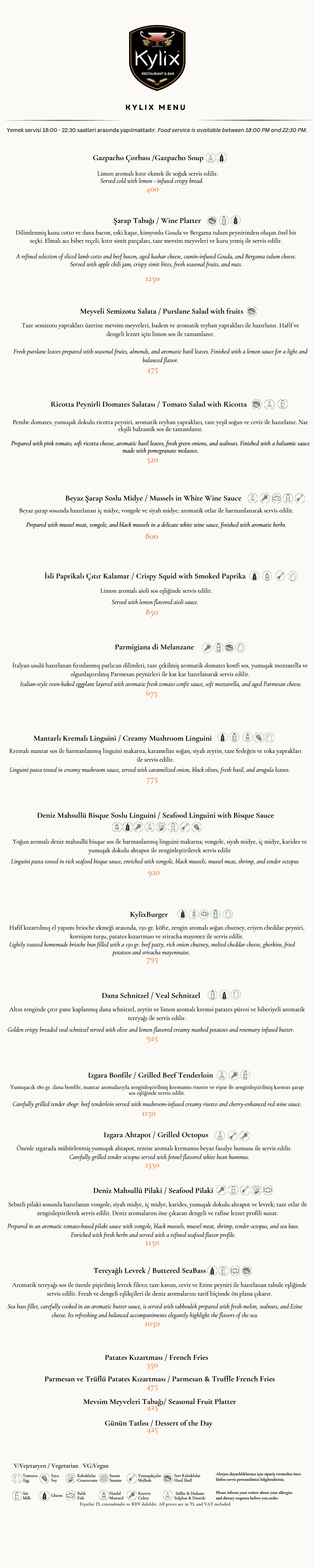 Kylix Dinner Menu