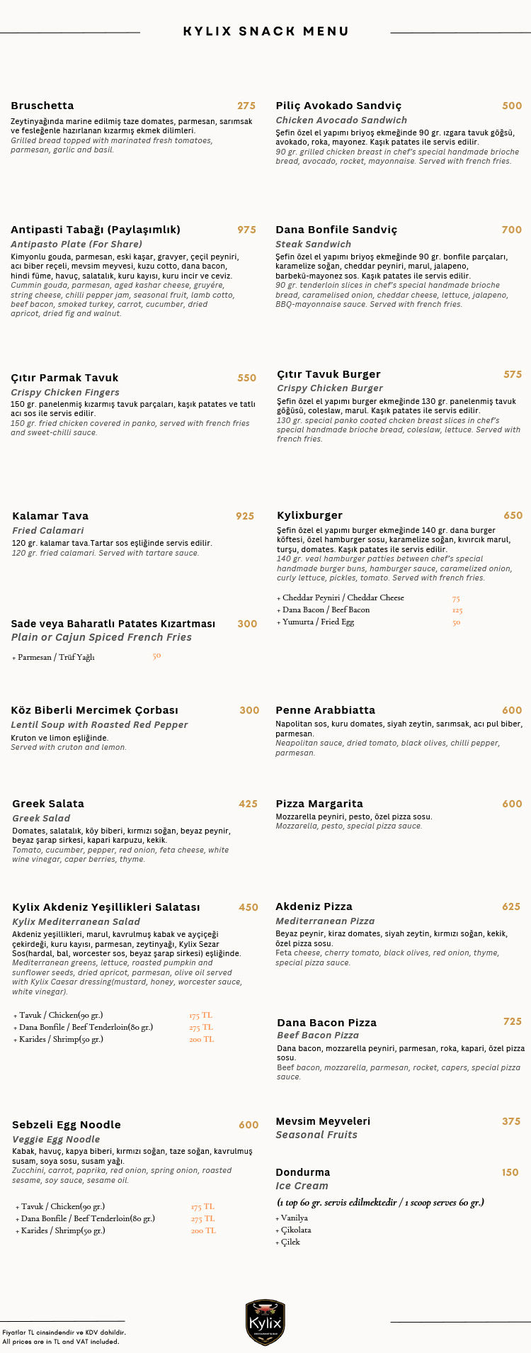 Kylix Snack Menu