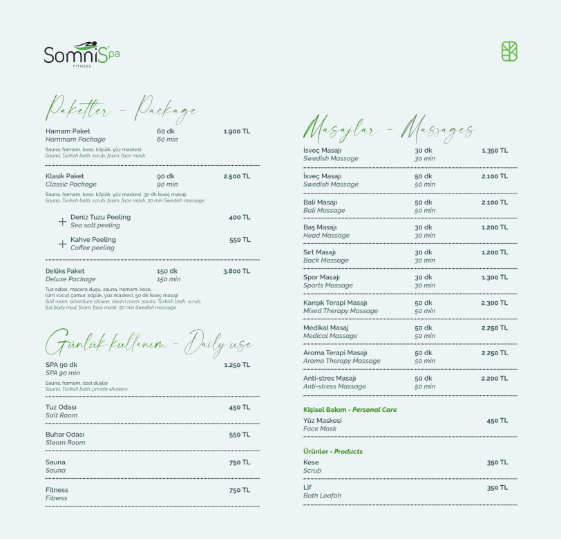 SomniSPA Paketler, masajlar fiyatlar